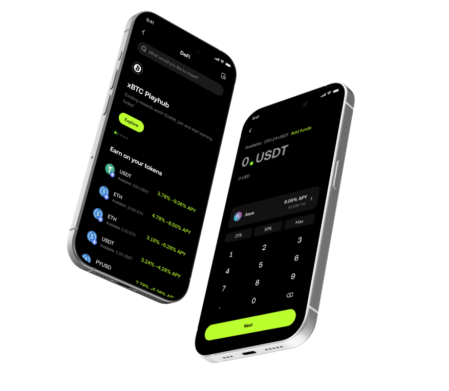 Two iPhones showing the DeFi playhub UI