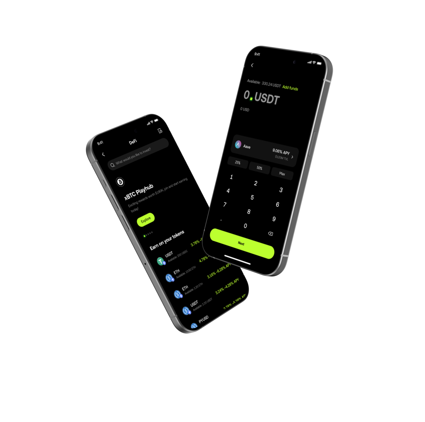 Two phone screens showing the preferred DeFi investment flow