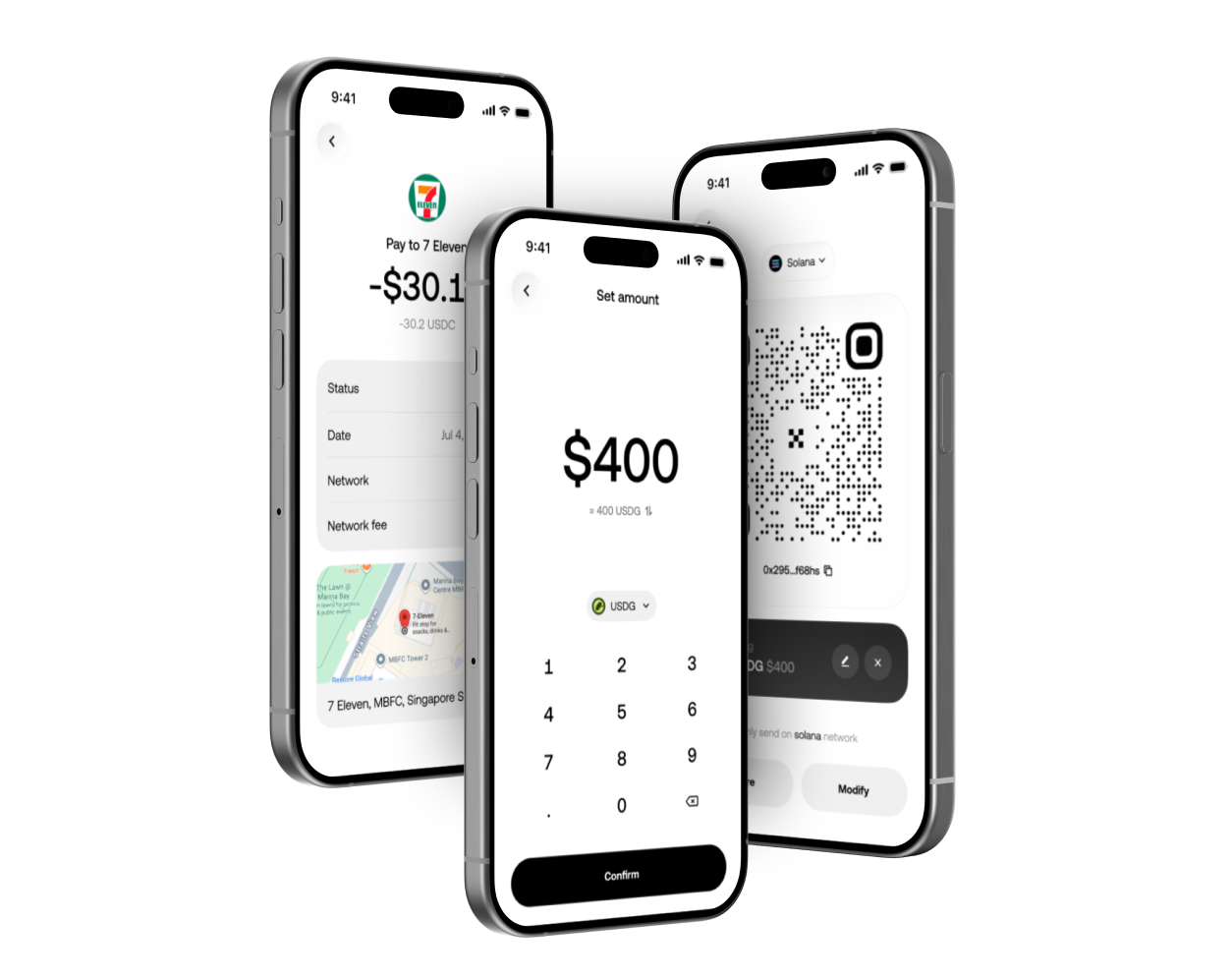 Three iPhones showing the payment flow